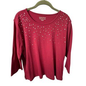 Drapers & Damons Womens Petite Extra Large Red 3/4 Sleeve Embellished Cotton Ble